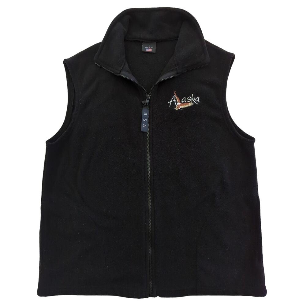 Black Polar Fleece Vest Alaska Eagle Embroidered Women's Size M Made in USA
